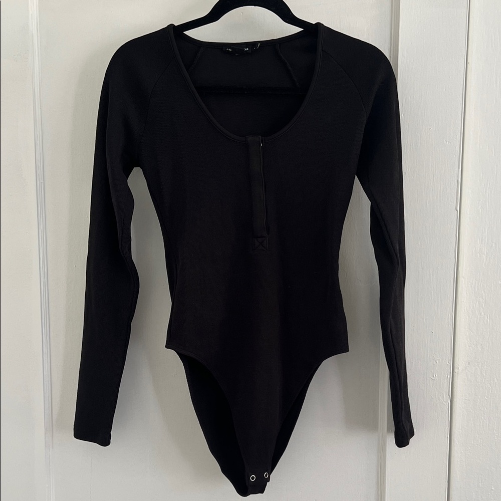 Good American Feel Good Henley Black Long Sleeve Bodysuit